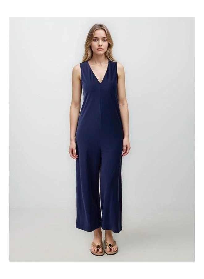 Navy Blue Straight-Cut V-Neck Knit Jumpsuit.