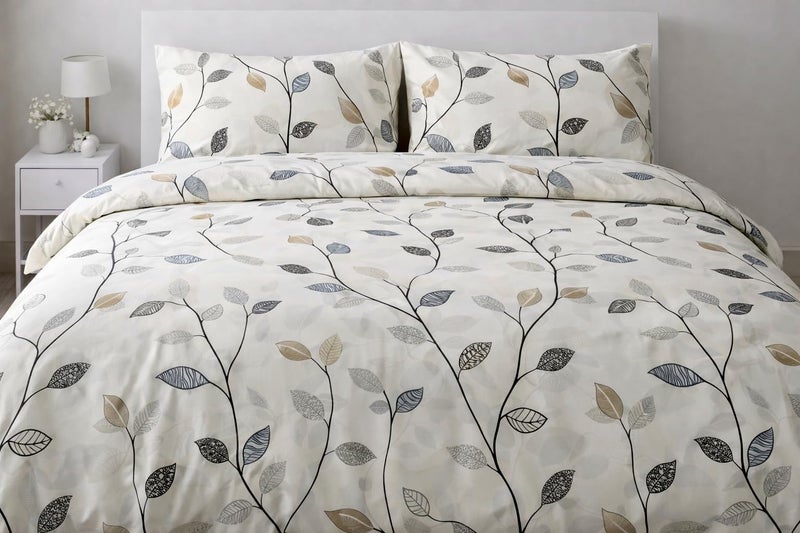 3 Piece Large Duvet Cover Set with 2 Pillowcases, Cotton Ameriya, Leaves Pattern, Large Zipper