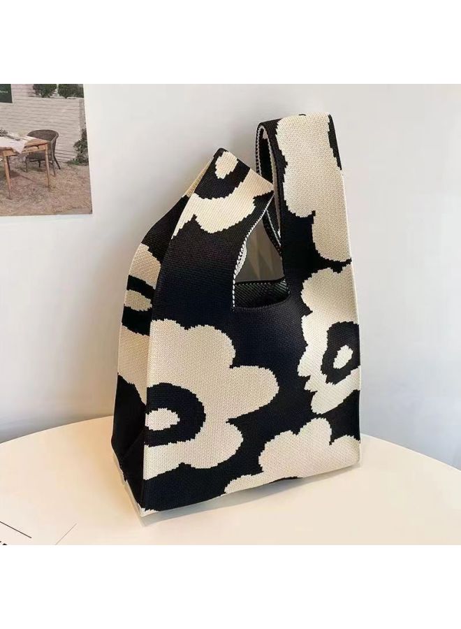 Festival Knitted Bag Accompanying Gift Bag Full Moon Gift Wedding Banquet Gift Bag 61 Children's Day Exquisite Gift Handbag Tote Bag-Color:Black Flowers-Size:20*10*36  - Image 1