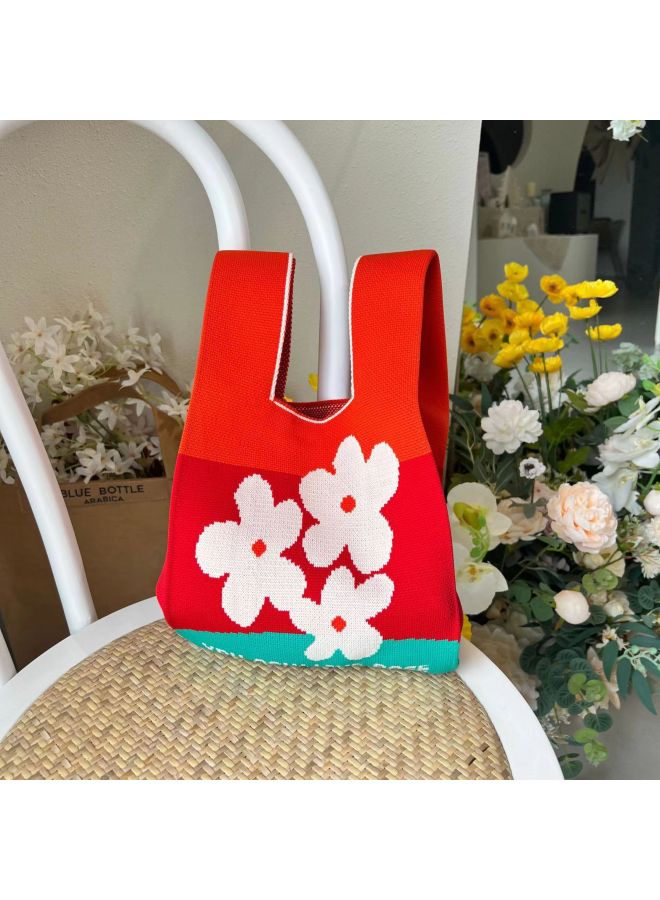 Festival Knitted Bag Accompanying Gift Bag Full Moon Gift Wedding Banquet Gift Bag 61 Children's Day Exquisite Gift Handbag Tote Bag-Color:Black Flowers-Size:20*10*36  - Image 3