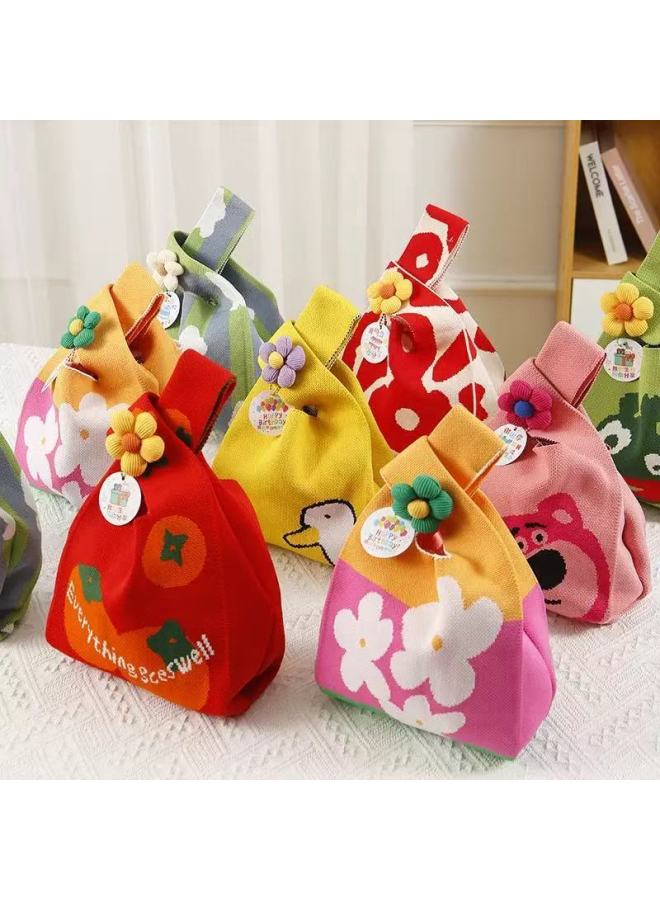 Festival Knitted Bag Accompanying Gift Bag Full Moon Gift Wedding Banquet Gift Bag 61 Children's Day Exquisite Gift Handbag Tote Bag-Color:Black Flowers-Size:20*10*36  - Image 2