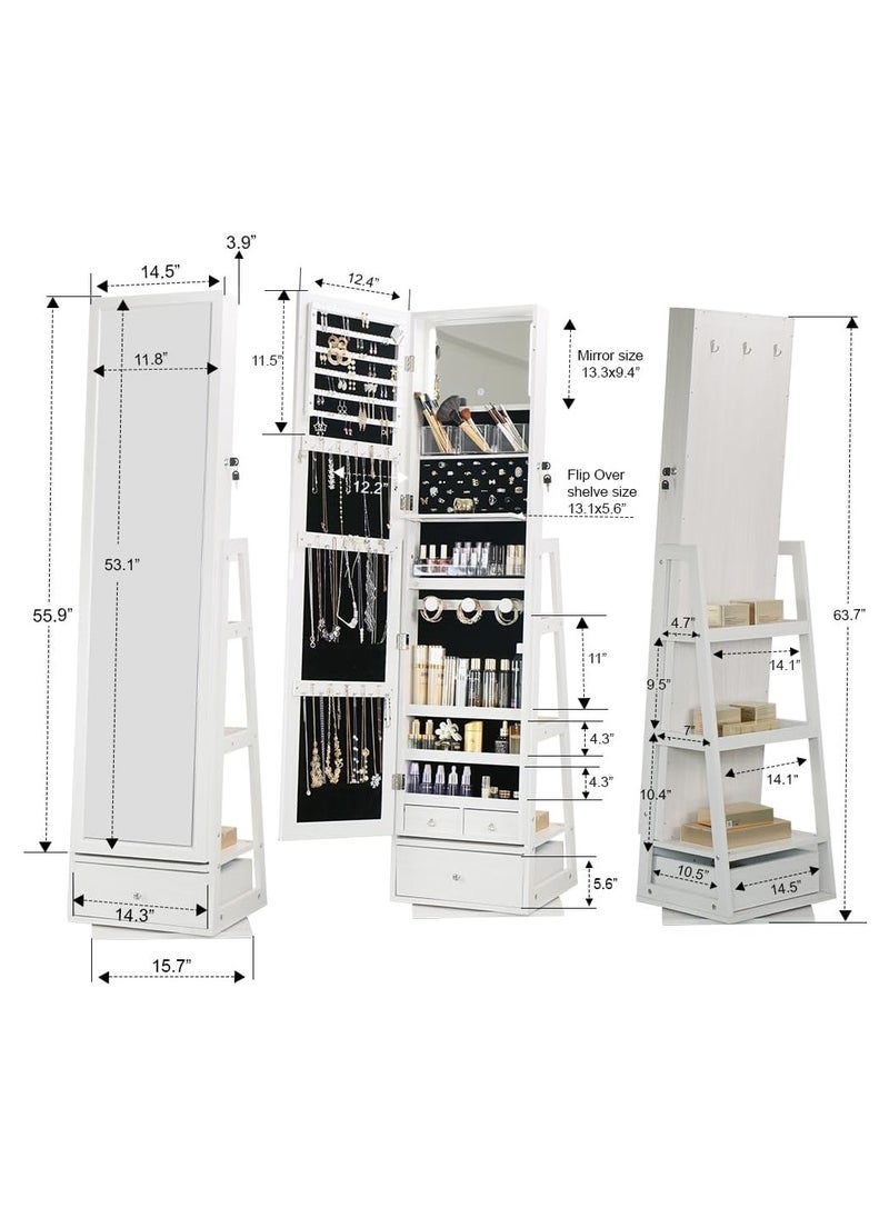 Organized Home - Jewelry Armoire with Full Length Mirror Swivel Jewelry Cabinet with Lights Touch Screen Vanity Mirror Standing Mirror and Organized Storage White - Image 1
