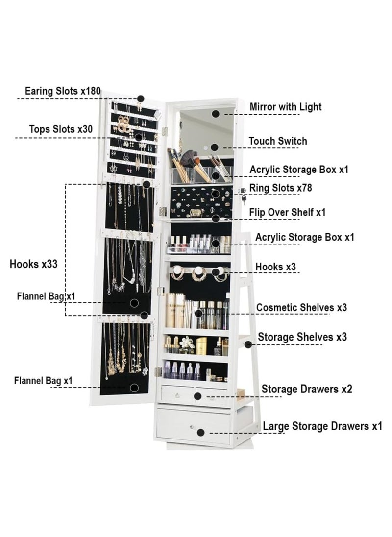 Organized Home - Jewelry Armoire with Full Length Mirror Swivel Jewelry Cabinet with Lights Touch Screen Vanity Mirror Standing Mirror and Organized Storage White - Image 1