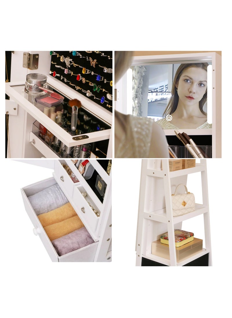 Organized Home - Jewelry Armoire with Full Length Mirror Swivel Jewelry Cabinet with Lights Touch Screen Vanity Mirror Standing Mirror and Organized Storage White - Image 1
