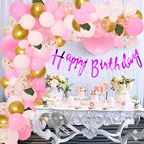 SOI Happy Birthday Decoration Pink Colour (43 Pcs) | Chrome And Confetti Balloons | Happy Birthday Banner | Arch Glue Dot And Balloon | Birthday Decoration Items For Girl - Image 1
