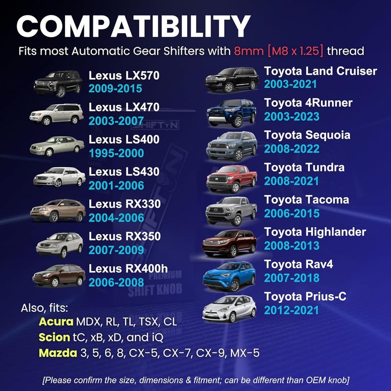 SHIFTIN مقبض نقل الحركة الطويل المتوافق مع لكزس LX-470 LX570 LS-400 LS430 RX330 RX-350 RX400h وسيارات تويوتا وأكورا ومازدا ذات النقل الأوتوماتيكي M8 (جلد كربوني رمادي/قيقان ذهبي)  - Image 3