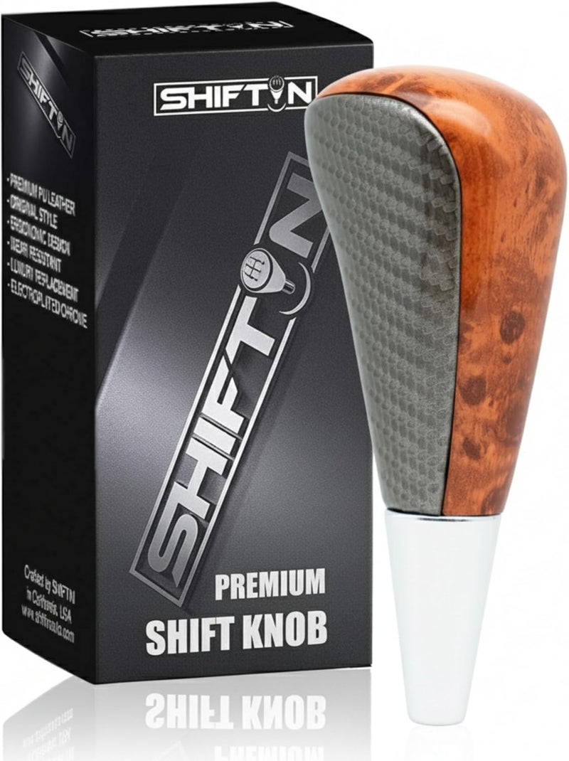 SHIFTIN مقبض نقل الحركة الطويل المتوافق مع لكزس LX-470 LX570 LS-400 LS430 RX330 RX-350 RX400h وسيارات تويوتا وأكورا ومازدا ذات النقل الأوتوماتيكي M8 (جلد كربوني رمادي/قيقان ذهبي)  - Image 1