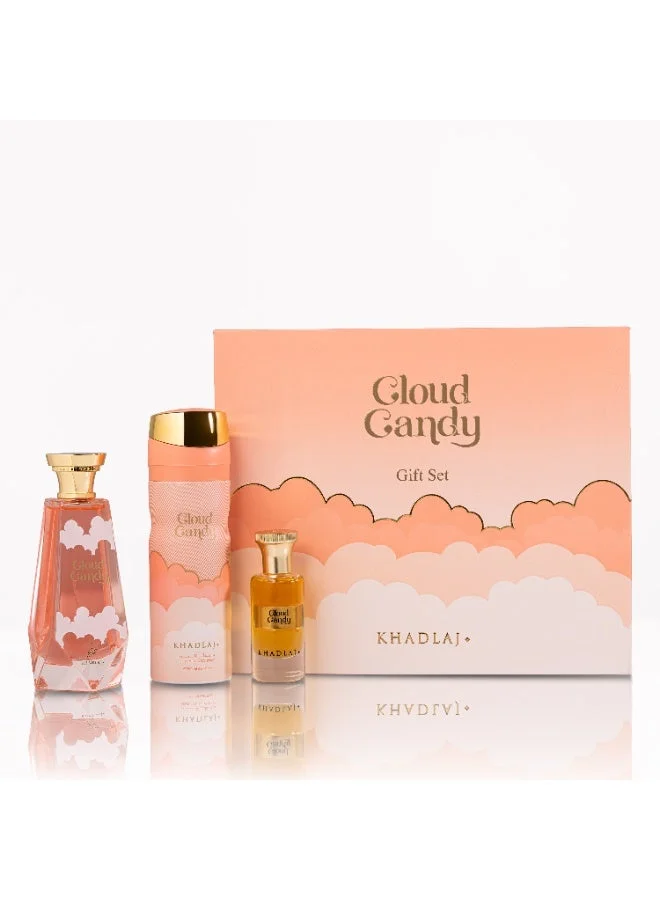 عطور خدلج مجموعة هدايا خادلاج كلاود كاندي المكونة من 3 قطع للنساء (مستخلص عطر، بخاخ للجسم معطر، زيت عطري مركز، مجموعة هدايا من 3 قطع)