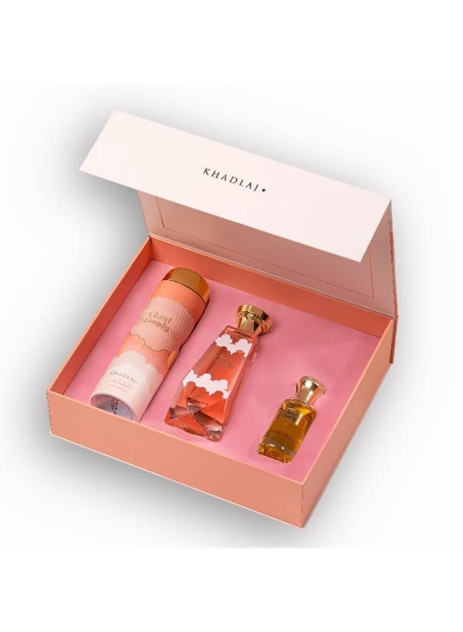 عطور خدلج مجموعة هدايا خادلاج كلاود كاندي المكونة من 3 قطع للنساء (مستخلص عطر، بخاخ للجسم معطر، زيت عطري مركز، مجموعة هدايا من 3 قطع)