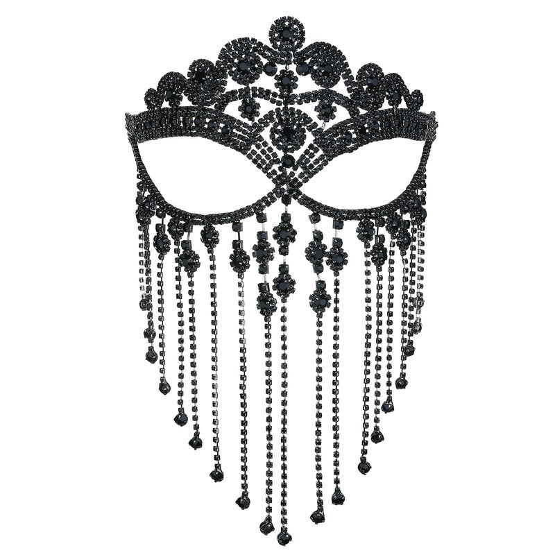 MineSign Masquerade Mask for Women Face Chain Veil Jewelry with Black Rhinestone Tassel Costume Headware for Festival Halloween - Image 1