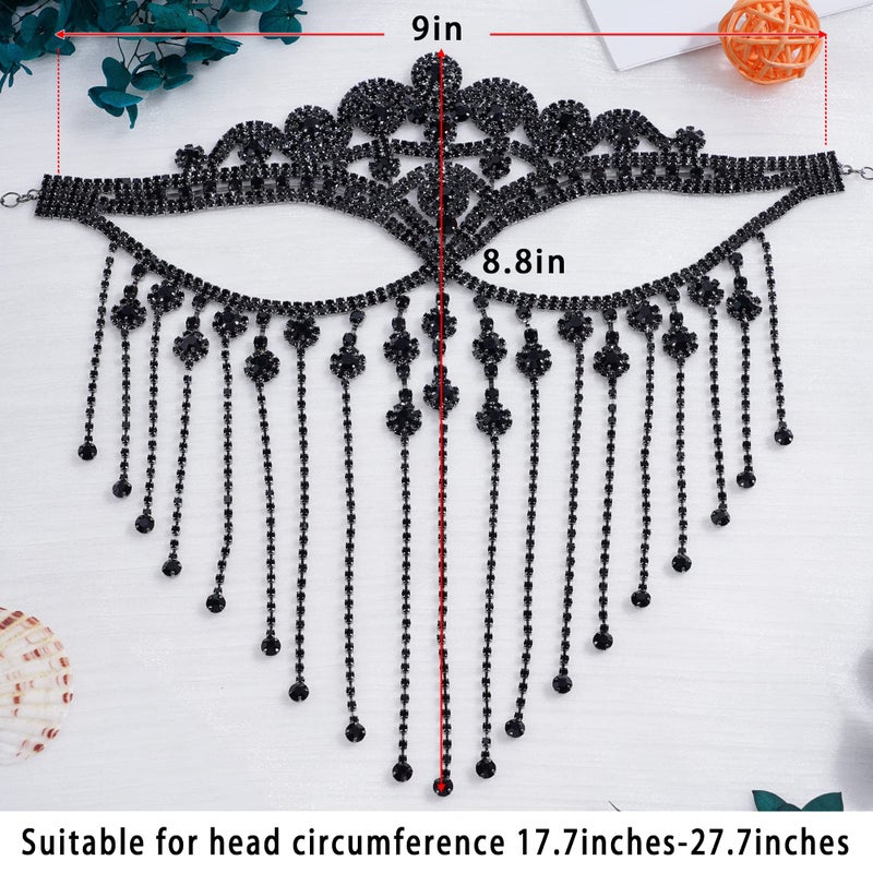 MineSign Masquerade Mask for Women Face Chain Veil Jewelry with Black Rhinestone Tassel Costume Headware for Festival Halloween - Image 3