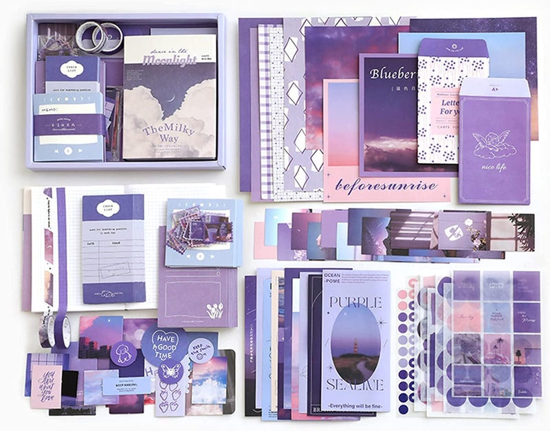 YIFELY Paper Vintage Aesthetic Scrapbook Kit(346Pcs)Scrapbooking Supplies Kit With Bullet Junk Journal,Stationery,A6 Grid Notebook With Graph Ruled Page Diy Journaling Gift For Teen Girl Women,Purple - Image 1