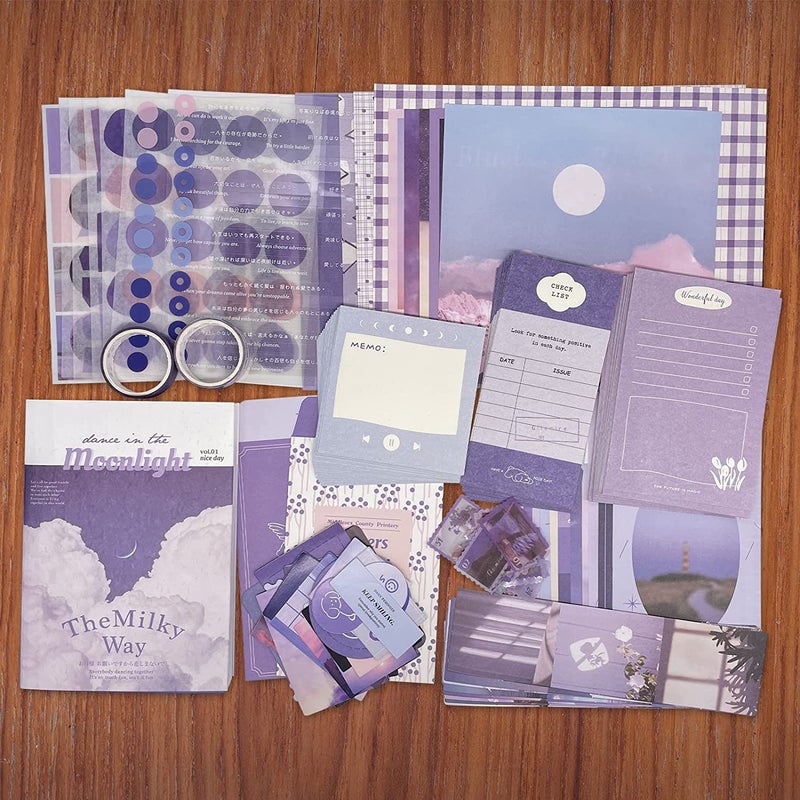 YIFELY Paper Vintage Aesthetic Scrapbook Kit(346Pcs)Scrapbooking Supplies Kit With Bullet Junk Journal,Stationery,A6 Grid Notebook With Graph Ruled Page Diy Journaling Gift For Teen Girl Women,Purple - Image 3