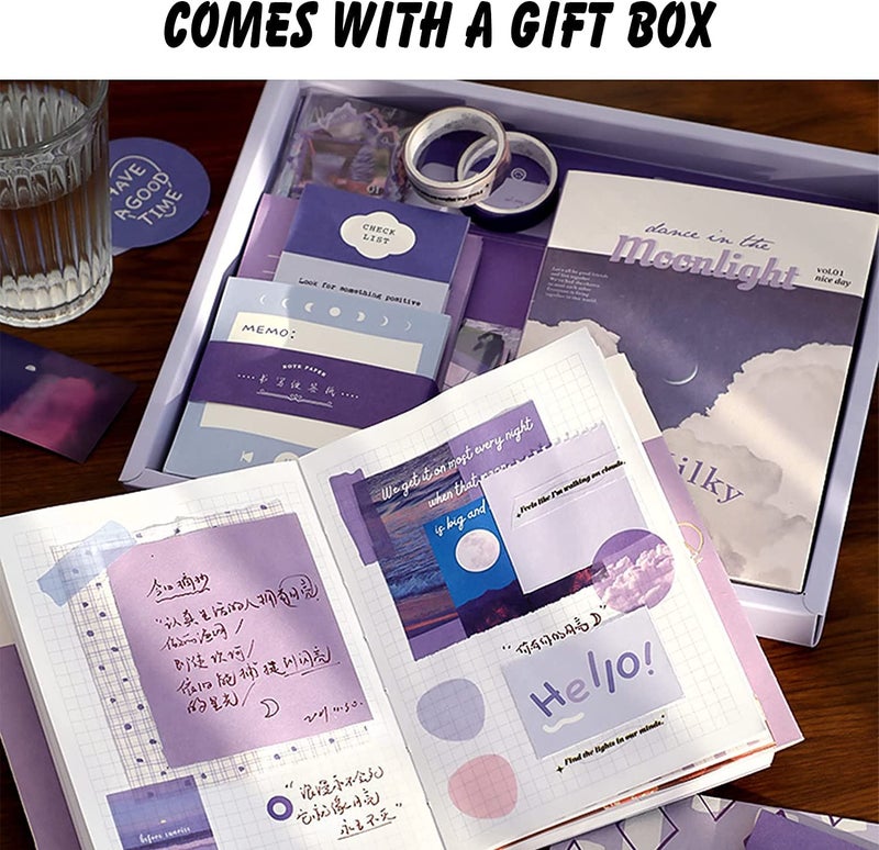 YIFELY Paper Vintage Aesthetic Scrapbook Kit(346Pcs)Scrapbooking Supplies Kit With Bullet Junk Journal,Stationery,A6 Grid Notebook With Graph Ruled Page Diy Journaling Gift For Teen Girl Women,Purple - Image 5