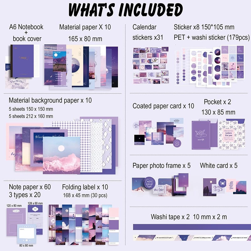 YIFELY Paper Vintage Aesthetic Scrapbook Kit(346Pcs)Scrapbooking Supplies Kit With Bullet Junk Journal,Stationery,A6 Grid Notebook With Graph Ruled Page Diy Journaling Gift For Teen Girl Women,Purple - Image 2