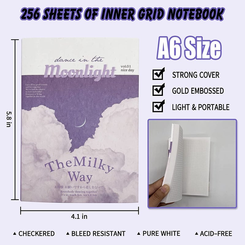 YIFELY Paper Vintage Aesthetic Scrapbook Kit(346Pcs)Scrapbooking Supplies Kit With Bullet Junk Journal,Stationery,A6 Grid Notebook With Graph Ruled Page Diy Journaling Gift For Teen Girl Women,Purple - Image 4