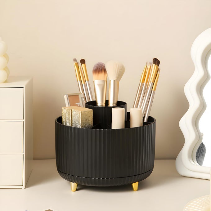 MAKEUP BRUSH HOLDER ORGANIZER360 ROTATING MAKEUP BRUSH ORGANIZER5 SLOT MAKE UP BRUSHES CUP FOR COSMETICS NAIL POLISH ART SUPPLY BATHROOM VANITY DESKTOP ORGANIZER BLACK