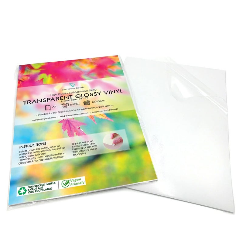 Evergreen Goods 20 Sheets A4 Transparent Glossy Vinyl Stickers Label  SelfAdhesive Clear Inkjet Printable Sticker Paper  Ideal Printing Paper for Creating Signs Product Labels and Stickers