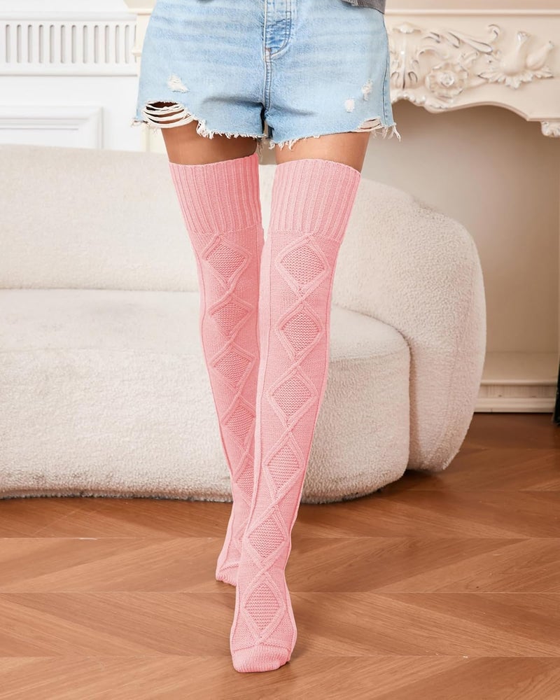 SherryDC جوارب نسائية طويلة من الكابل تصل إلى الفخذ، جوارب شتوية إضافية طويلة فوق الركبة، دافئات للساقين - Image 2