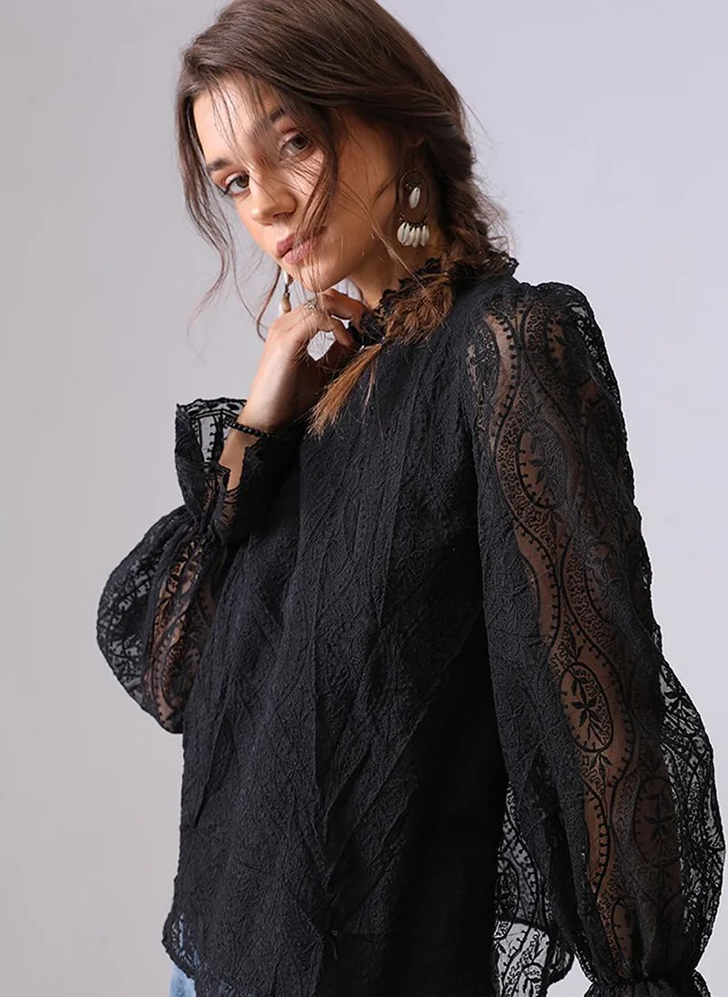 يونيكي Black Round Neck Long Sleeves Regular Top