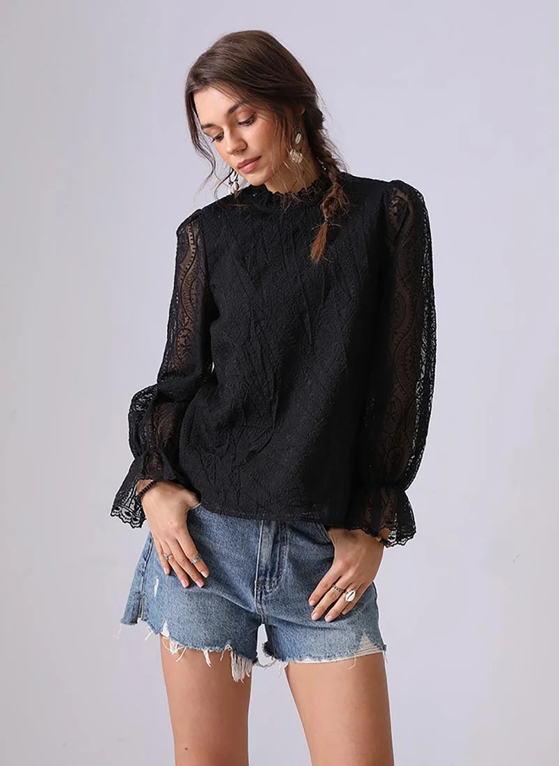 يونيكي Black Round Neck Long Sleeves Regular Top