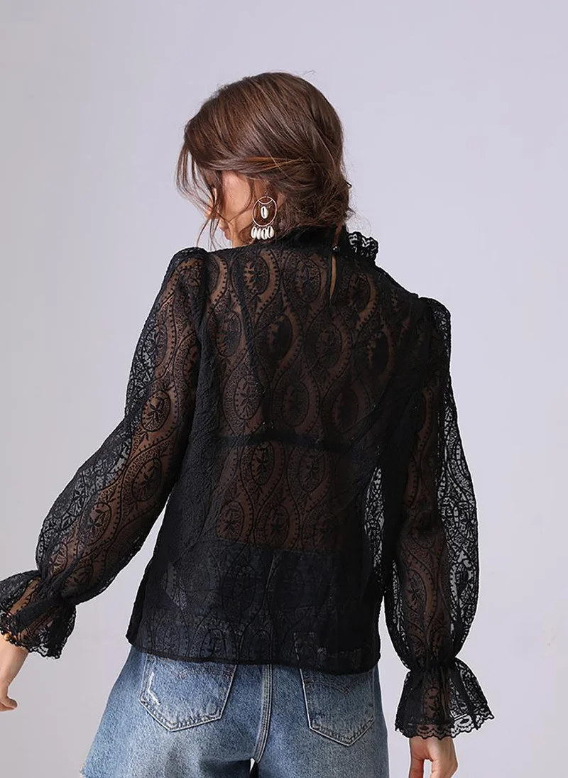 YUNIQEE Black Round Neck Long Sleeves Regular Top