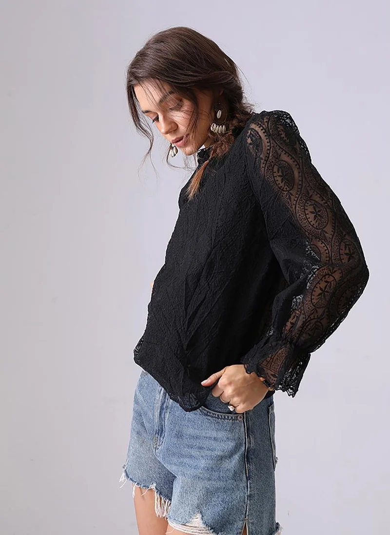 YUNIQEE Black Round Neck Long Sleeves Regular Top