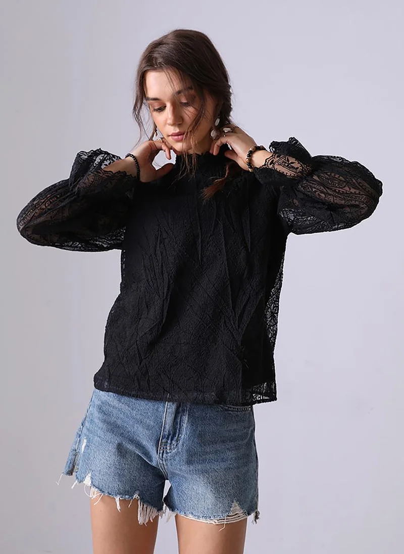 YUNIQEE Black Round Neck Long Sleeves Regular Top