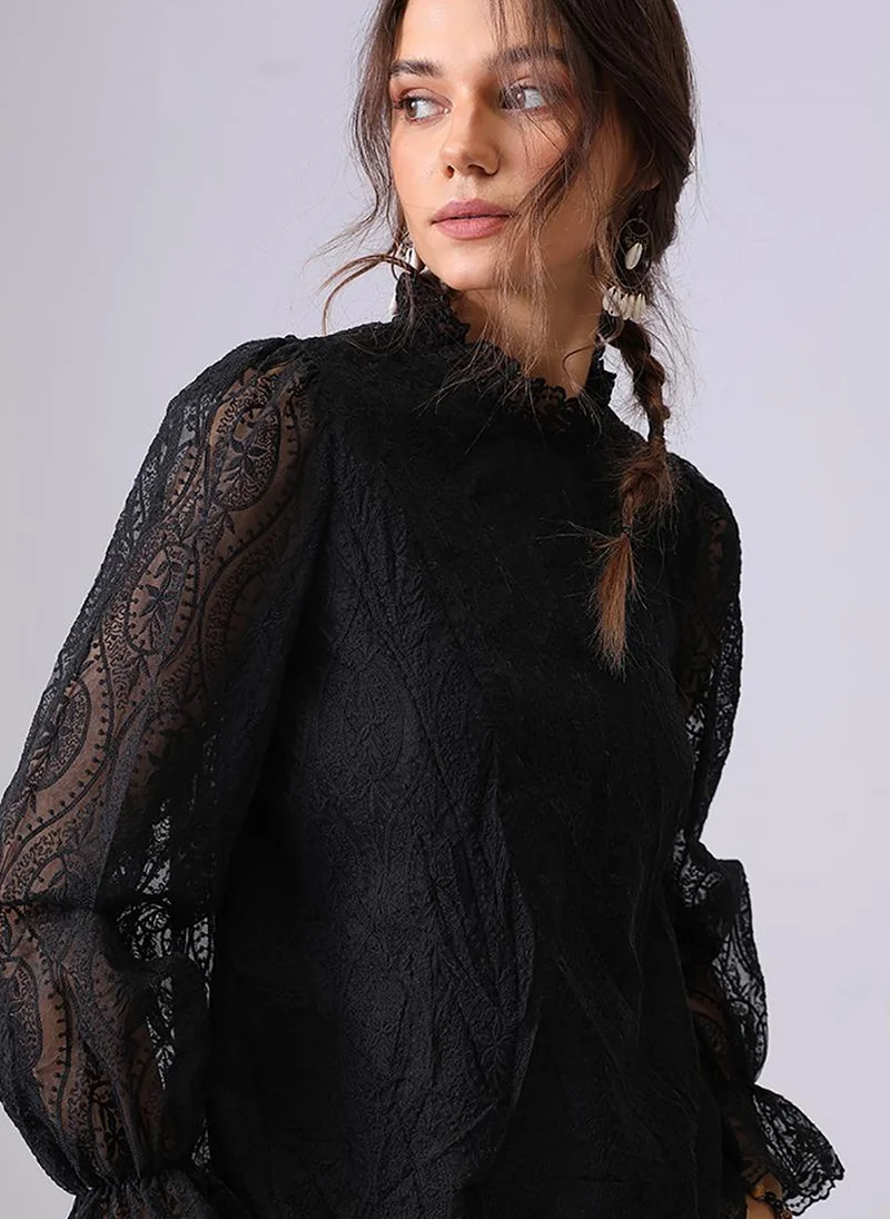YUNIQEE Black Round Neck Long Sleeves Regular Top