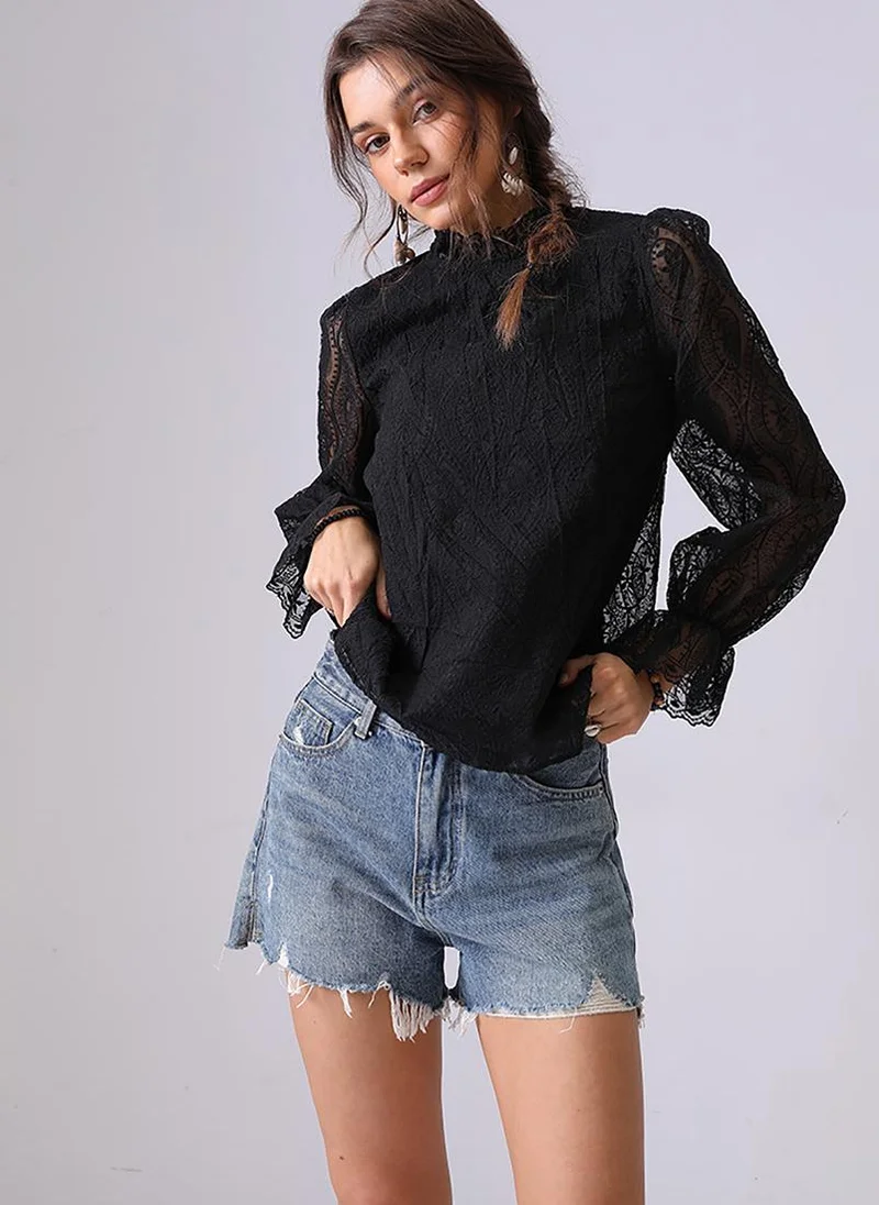 YUNIQEE Black Round Neck Long Sleeves Regular Top