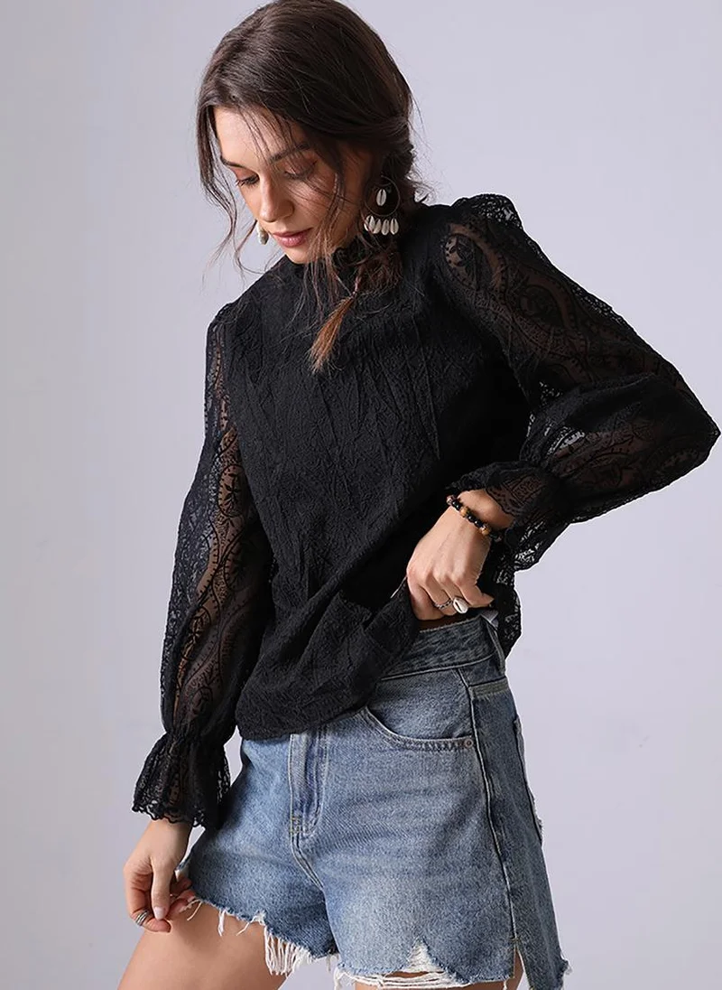 YUNIQEE Black Round Neck Long Sleeves Regular Top