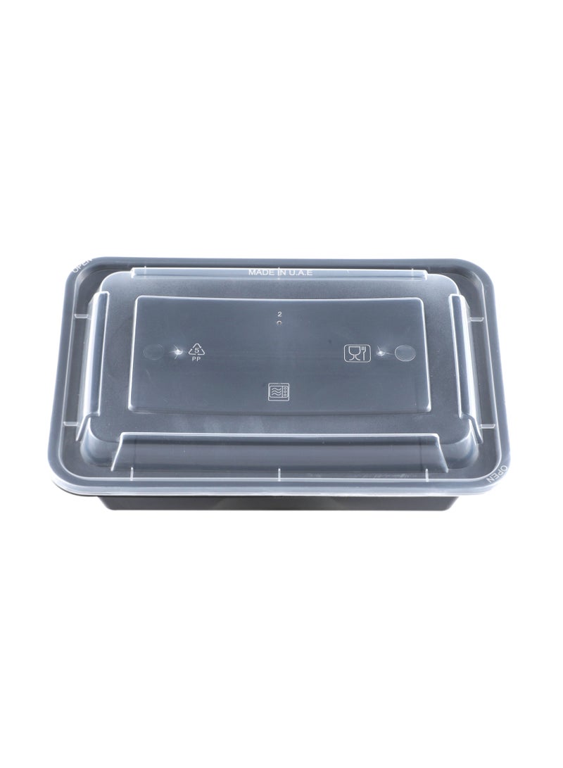 Richoos disposable Bento meal containers featuring a 38-ounce 60-piece, black rectangular base and clear lids that are safe to use in the microwave and freezer and are perfect for taking out and storing food. - Image 1