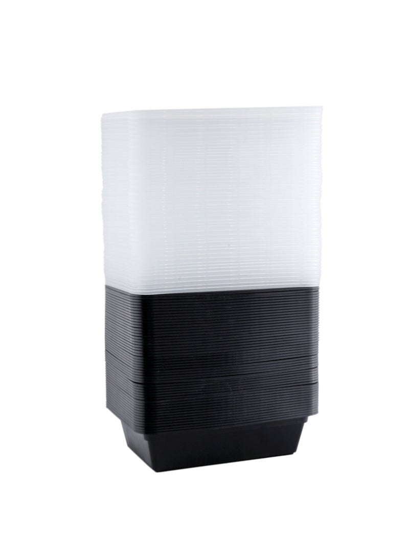 Richoos disposable Bento meal containers featuring a 38-ounce 60-piece, black rectangular base and clear lids that are safe to use in the microwave and freezer and are perfect for taking out and storing food. - Image 4