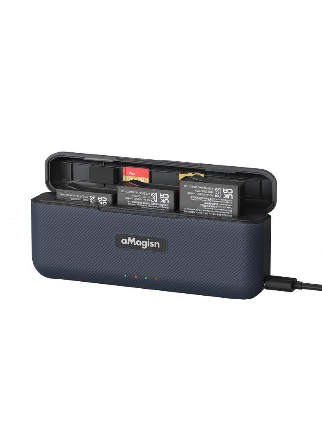aMagisn صندوق تخزين سريع الشحن لـ DJI Action 4/3 – شاحن USB‑C يدعم PD3.0/PD2.0، إدارة ذكية للطاقة، منظم للبطاريات وشرائح microSD - Image 1