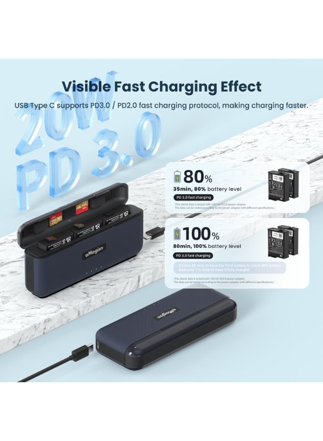 aMagisn صندوق تخزين سريع الشحن لـ DJI Action 4/3 – شاحن USB‑C يدعم PD3.0/PD2.0، إدارة ذكية للطاقة، منظم للبطاريات وشرائح microSD - Image 3