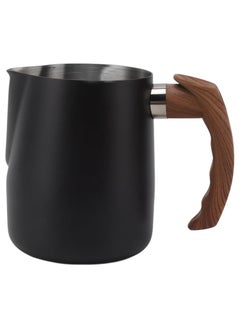 Zorqon 1000ml Stainless Steel Milk Foam Pitcher with Wooden Handle, Flowered Cup, Pointed Spout, Graduated Measuring Cup - Ideal for Barista Coffee, Espresso, Latte - Black  - Image 1