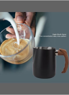 Zorqon 1000ml Stainless Steel Milk Foam Pitcher with Wooden Handle, Flowered Cup, Pointed Spout, Graduated Measuring Cup - Ideal for Barista Coffee, Espresso, Latte - Black  - Image 4