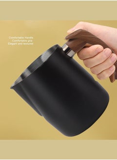 Zorqon 1000ml Stainless Steel Milk Foam Pitcher with Wooden Handle, Flowered Cup, Pointed Spout, Graduated Measuring Cup - Ideal for Barista Coffee, Espresso, Latte - Black  - Image 3