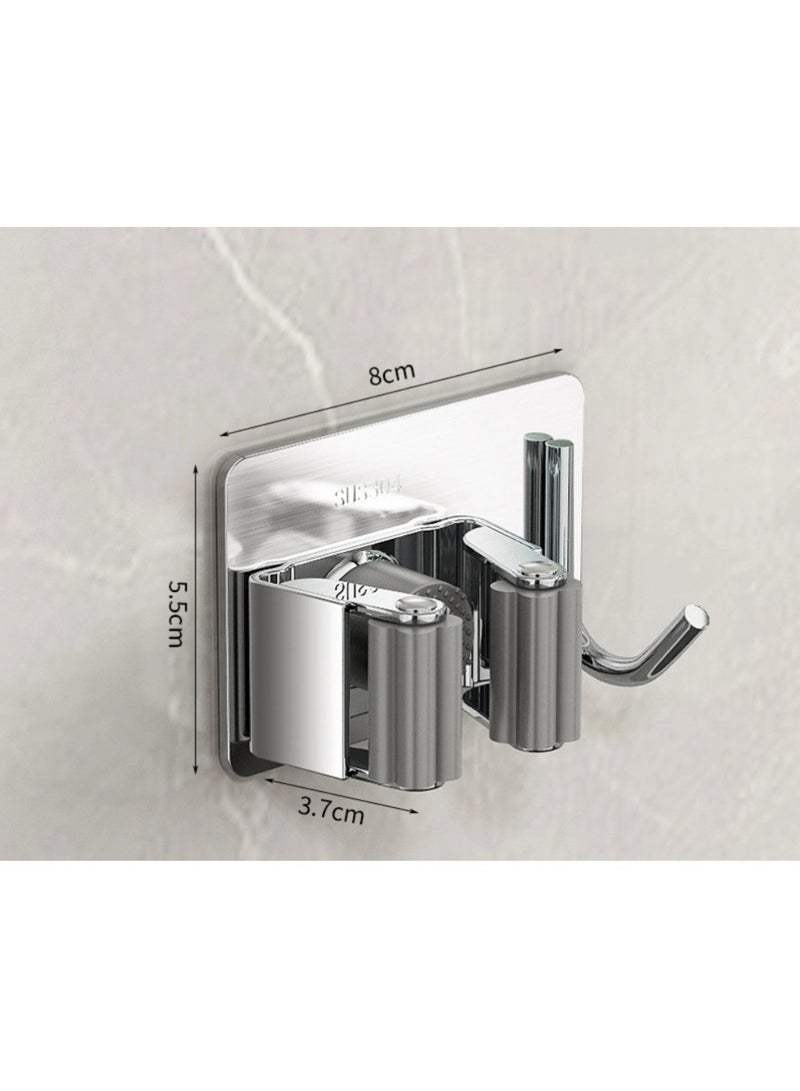 4 Pcs Mop Broom Holder, Hooks for Hanging, Self Adhesive Stainless Steel Broom Storage with Rack and Hook, Wall Mounted Mop Broom Organizer for Home, Bathroom, Kitchen- Silver - Image 3