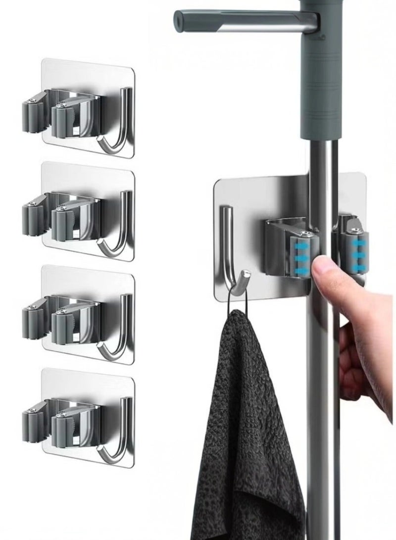 4 Pcs Mop Broom Holder, Hooks for Hanging, Self Adhesive Stainless Steel Broom Storage with Rack and Hook, Wall Mounted Mop Broom Organizer for Home, Bathroom, Kitchen- Silver - Image 2