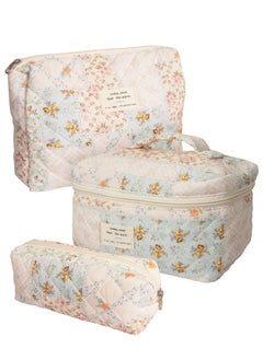 URbazaar 3PCS Makeup Bag Set,Cotton Quilted Makeup Bag,Floral Large Travel Cosmetic Bag,Flower Travel Toiletry Bag, Cute Aesthetic Toiletry Bag for Women Girls  - Image 1