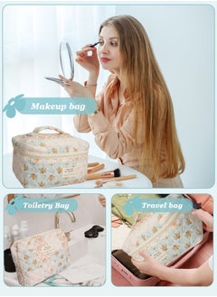 URbazaar 3PCS Makeup Bag Set,Cotton Quilted Makeup Bag,Floral Large Travel Cosmetic Bag,Flower Travel Toiletry Bag, Cute Aesthetic Toiletry Bag for Women Girls  - Image 4
