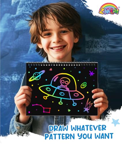 ZMLM Scratch Paper Art-Crafts Gift: 2 Pack Rainbow Notebooks Supplies Toys Easter Basket Stuffers for 3 4 5 6 7 8 9 10 Years Old Girls and Boys Kids Birthday Party Games (Blue) - Image 3