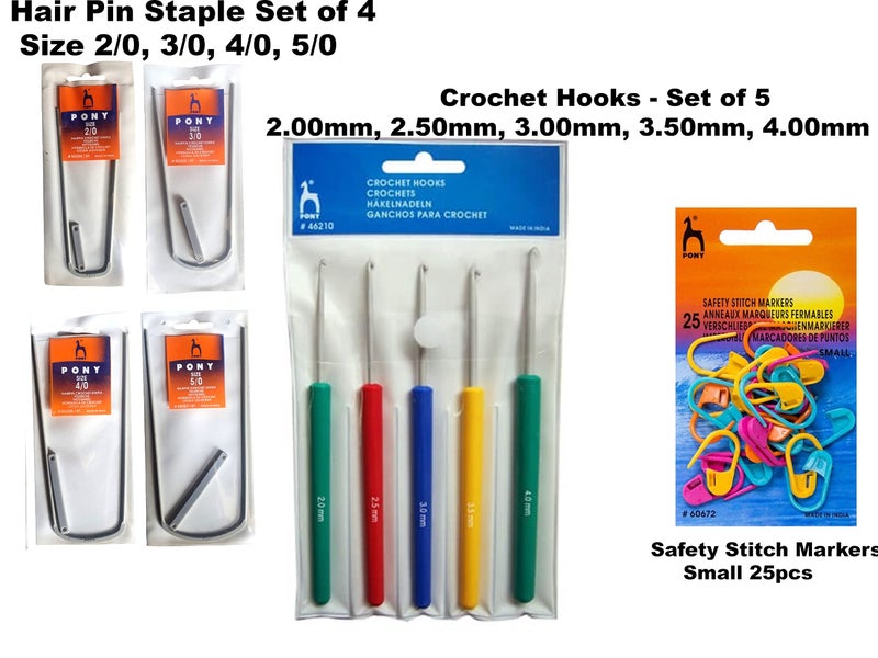 PONY Knitting Crochet Hooks Needle Set of 5 (Size: 2.0mm-4.0mm) with Crochet Locking Stitch Markers(25 Pcs) and Aluminum Hairpin Crochet Staple Set of 4 (Size: 2/0, 3/0, 4/0, 5/0) - Image 2
