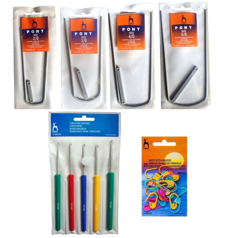 PONY Knitting Crochet Hooks Needle Set of 5 (Size: 2.0mm-4.0mm) with Crochet Locking Stitch Markers(25 Pcs) and Aluminum Hairpin Crochet Staple Set of 4 (Size: 2/0, 3/0, 4/0, 5/0) - Image 1