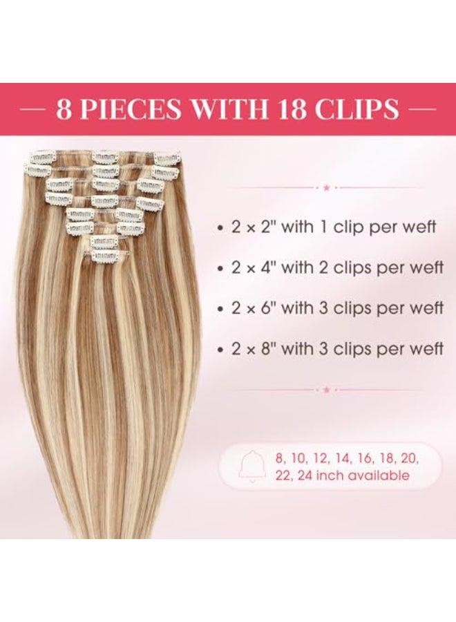 My Lady MYLADY Clip In Hair Extensions Real Human Hair 18 Inch 8pcs Remy Real Hair Extension Clip ins 12613 Light Brown with Bleach Blonde 100g Silky Straight - Image 3
