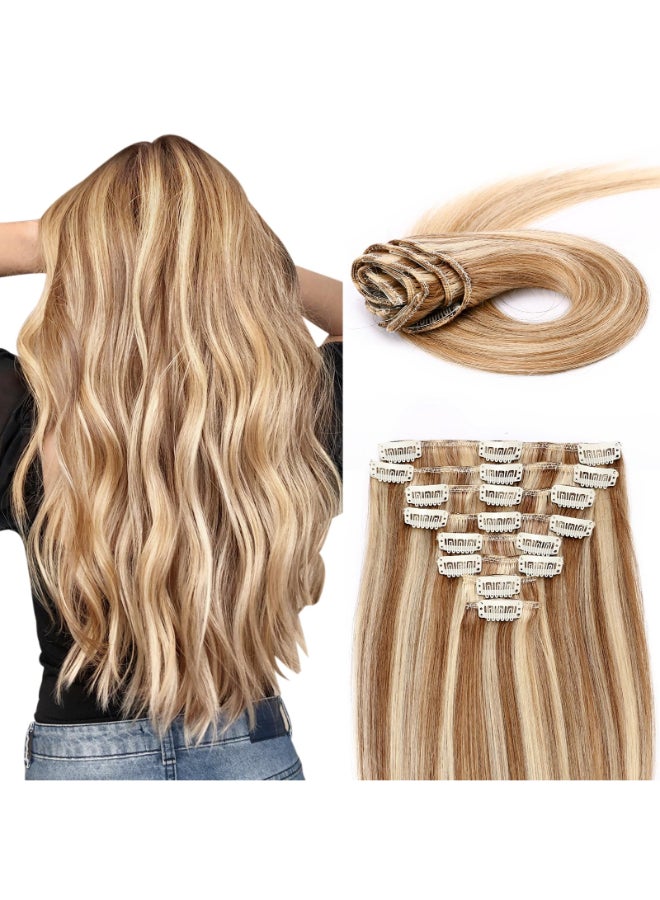 My Lady MYLADY Clip In Hair Extensions Real Human Hair 18 Inch 8pcs Remy Real Hair Extension Clip ins 12613 Light Brown with Bleach Blonde 100g Silky Straight - Image 2