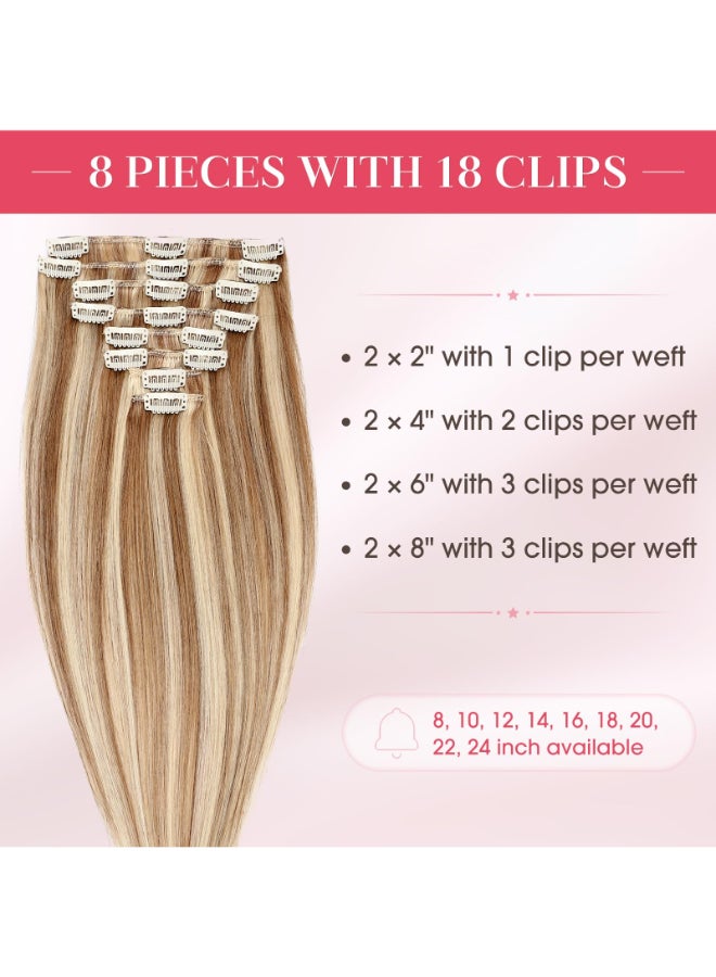 My Lady MYLADY Clip In Hair Extensions Real Human Hair 18 Inch 8pcs Remy Real Hair Extension Clip ins 12613 Light Brown with Bleach Blonde 100g Silky Straight - Image 4