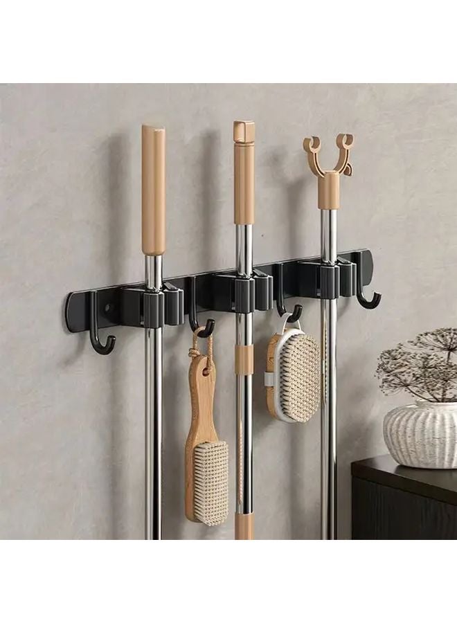 حامل مكنسة رمادي مثبت على الحائط مع 4 خطافات من الفولاذ المقاوم للصدأ لتنظيم الغسيل والمرآب - Image 2