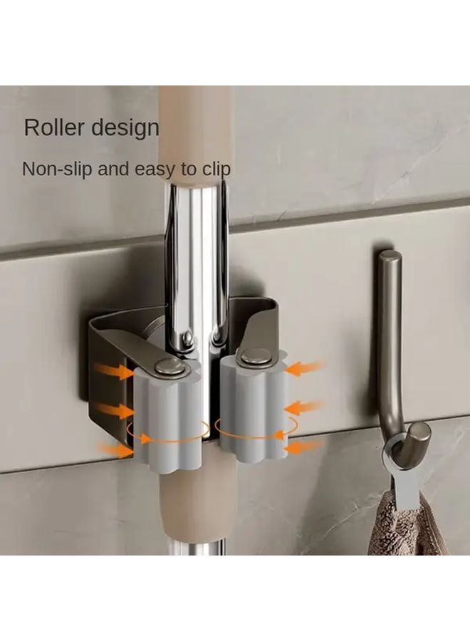 حامل مكنسة رمادي مثبت على الحائط مع 4 خطافات من الفولاذ المقاوم للصدأ لتنظيم الغسيل والمرآب - Image 5